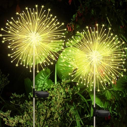 Image of CNMTCCO Solar Lights Outdoor Garden 2 Pack, 120 LED Firework Starburst Stake Lights, Upgraded Waterproof Solar Garden Lights with 8 Modes, Warm White Decorative Pathway Lighting for Patio and Parties