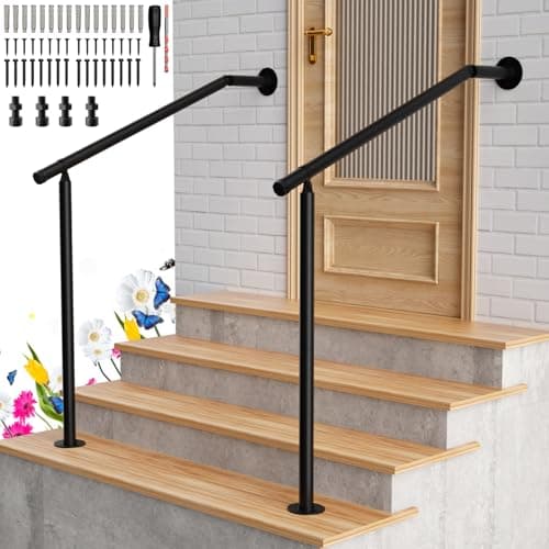 Image of 2 Pack Hand Rails for Outdoor Steps 2-3 Step Deck Railing Kit Wall Floor Mounted Wrought Iron Handrails Deck Rail Kit Exterior Hand Railings for Seniors Indoor Stairs Porch Railing