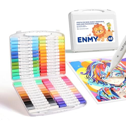 Image of ENMY 48 Colors Acrylic Markers Dual Tip Fine & Brush – Multicolour Permanent Paint Marker Set for Artists – Rock, Wood, Canvas, Glass, Anime DIY Crafts with Case