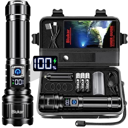 Image of Blukar Torch Rechargeable, Ultra High Lumens Super Bright Flashlight, Adjustable Focus, 5 Modes, 5000 mAh Long Lasting, IP67 Waterproof, Smart Digital Display for Camping, Power Cuts, Emergency
