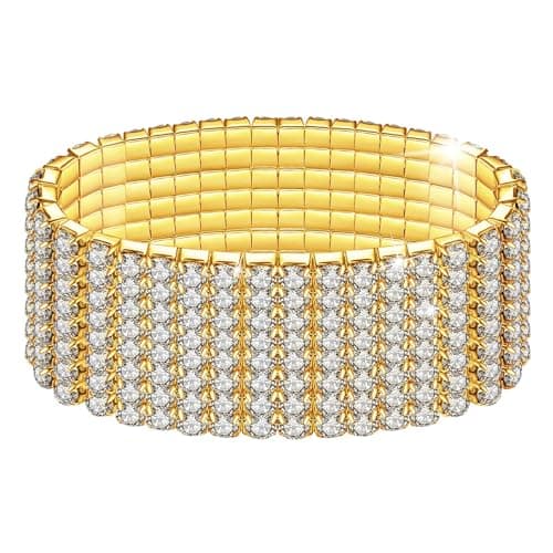 Image of Kucheed Rhinestone Stretch Bracelets, Twinkle Diamond Tennis Bangle, Silver Bling Crystal Bridal Stackable Bracelet Jewelry, Silver Shining Wedding Party Elastic Band Bracelet for Women (Gold)