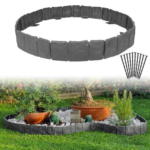 Image of MSISILY Stone Effect Lawn Edging Border|Garden Edging Borders|Lawn Edging Tools|Garden Edging Border Plastic|Flower Bed Edging with Lawn Hedge 20 Pieces +20 Strong Fixing Nails 16Ft (Grey-20Psc)