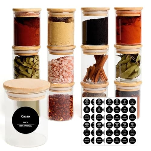 Image of INCETUE 12 Pcs Glass Spice Jars Set with Lids and Labels, 7oz/200ml Seasoning Jars with 192 Black Labels, Small Airtight Glass Storage Container with Bamboo Lids for Salt,Sugar,Herbs,Nuts,Coffee,Tea