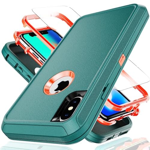 Image of YmhxcY for iPhone XS Case iPhone X Case 5.8-Inch with Explosion-Proof Screen Protector,3 in 1 Shockproof TPU Hard PC Bumper Drop-Proof Shell for iPhone XS/X-Blue/Orange