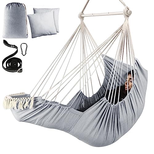 Image of Chihee Hammock Chair Hanging Chair with Foot Rest 2 Cushions Max 550lbs Robust Metal Spreader Bar Collapsible Easy Storage Soft Cotton Swing Chair Strong Strap Iron Carabiner Side Pocket Included