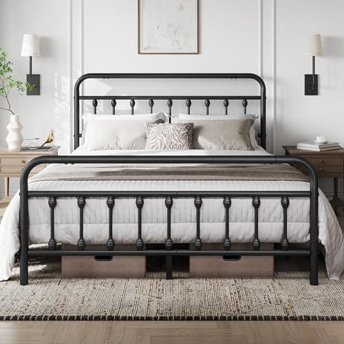 Image of Yaheetech 5ft King Bed Frame Vintage Iron Platform Bed with High Headboard and Footboard, Strong Metal-Framed Bed with Storage Black