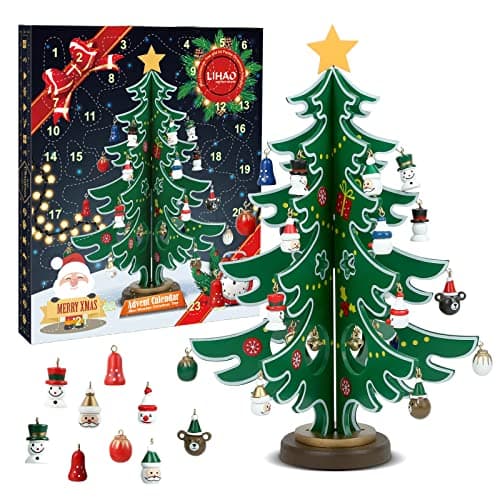 Image of LIHAO Advent Calendar 2025 24 Days Christmas Countdown Calendar Wooden Tree with Miniature Ornaments Tabletop DIY Mini Tree for Christmas Desk Decoration or Gift