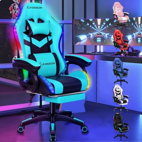 Image of ELFORDSON Gaming Chair with RGB LED Light, 8-Point Massage Computer Office Chair with Lumbar Support Footrest 82cm High Back 150° Recliner, Black & Cyan