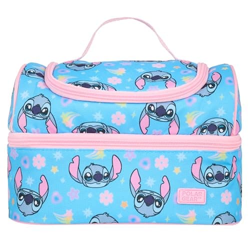 Image of Disney Stitch Lunch Bag with 2 Compartments, Blue and Pink Stitch Face Pattern, 600D Polyester, Insulated,Ideal for School & Work, with Name Tag & Carry Handle
