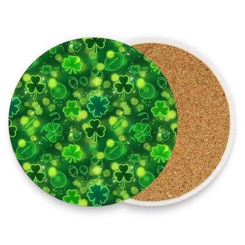Image of Green Clover St Patricks Day Drink Coaster with Cork Base, Round Moisture Absorbent Coasters Set Tabletop Protection Prevent Furniture Damage