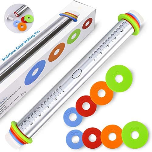 Image of FUKTSYSM Rolling Pin, Adjustable Stainless Steel 17 in Rolling Pin with Thickness Setting Rings & Handles Precision Dough Roller for Pizza, Pasta, Biscuits & Pastry