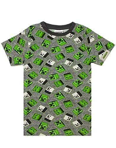 Image of Minecraft All Over Print Creeper Zombies Grey/Green Boy's Cotton T-Shirt Green 13-14 Years