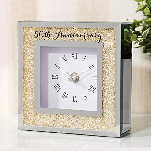 Image of Widdop & Co Celebrations Golden Crystals Border Mirror Glass Mantel Clock 50th Anniversary