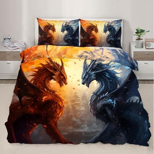 Image of XEODIAT Giant Dragons Single Bedding Sets Ice and Fire Dragons Quilt Cover 3 Piece Magical Animals Duvet Cover Set and Pillowcases for Single Bed for Kids Girls Boys - Soft