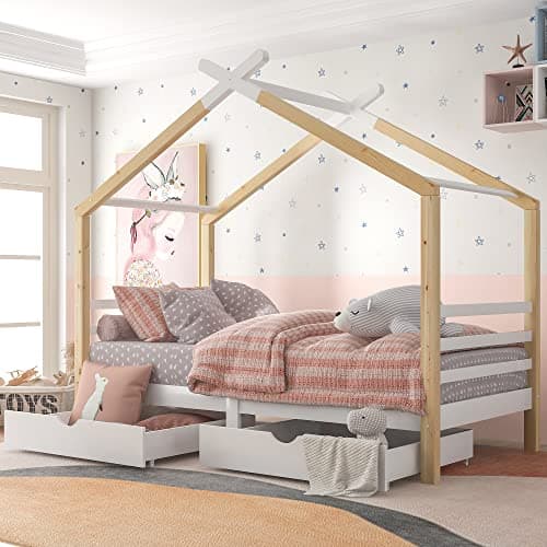 Image of Merax Wooden Kids Single Bed Frame, 3FT Toddler Single Bed with Roof Canopy and Storage Drawer, Solid Pine Wood House Tree Canopy Bed for Children Girls and Boys (Natural Wood)