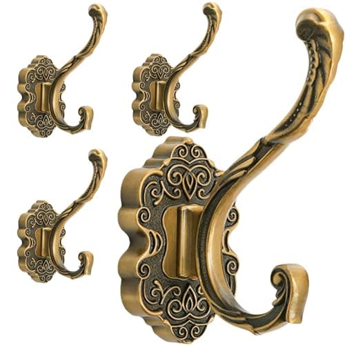 Image of Peohud 4 Pack Vintage Coat Hooks, Antique Brass Wall Hook, Gold Decorative Towel Hooks Wall Mounted Hanger for Key, Bags, Hat, Scarves, Clothes, Entryway, Bedroom, Bathroom