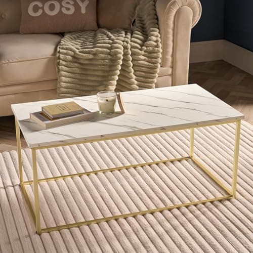 Image of OHS White Marble Coffee Table, Modern Centre Table Living Room Home Office Decorative Coffee Tables with Gold Metal Frame Long Rectangle Table, 90 x 48 x 40cm