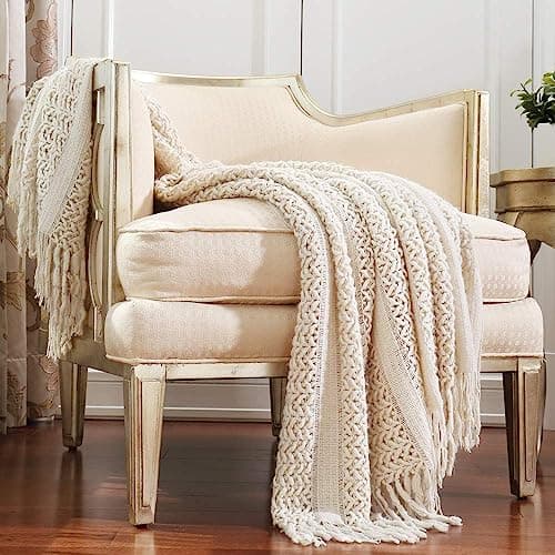 Image of CREVENT Farmhouse Knit Throw Blanket for Couch Sofa Chair Bed Home Decoration, Soft Warm Cozy Light Weight (127cmX152cm Beige/Ivory)