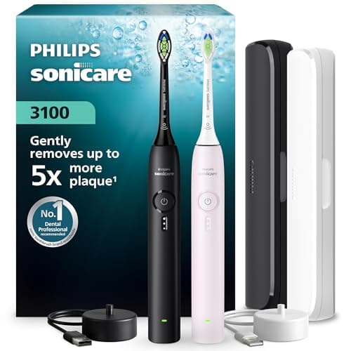 Image of Philips Sonicare 3100 Series Electric Toothbrush - Sonic Toothbrush, Pressure Sensor, 3 Intensities, EasyStart, SmarTimer, 14-Day Runtime, Travel Case, Black & Light Pink, 2 Pack, HX4072/42, [New]