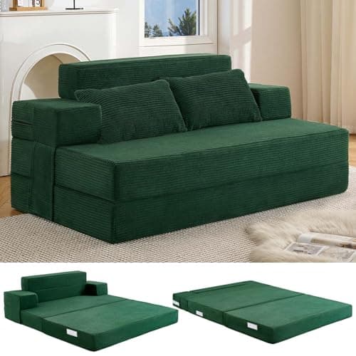 Image of Fantico Folding Sofa Bed Double – Convertible Chair Bed with Pillow & Armrests, Foldable Futon Mattress with Back Support, Boneless Sofa Bed for Living Room and Bedroom, Dark Green