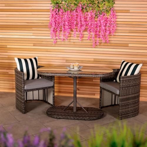 Image of CHARLES BENTLEY St Tropez Rattan Bistro Set, Grey, Compact Chair Set for Two, Grey Weave, Outdoor, Garden, Patio, Space Saving, Removable Cushions, Easy Clean, Glass Top Table, Steel (57x118x72cm)