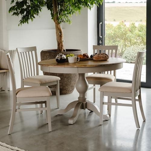 Image of Florence Wooden Pedestal Table and 4 Chairs Set, Acacia Hardwood Top, Hidden Drawers, Upholstered Seats Quality Dining Kitchen Furniture (truffle)