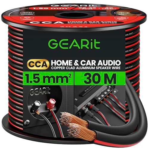Image of GEARit 2x1.5mm² Speaker Cable 30m, 16 Gauge Speaker Wire with Polarity Markings, 16AWG Copper Clad Aluminum CCA Audio Cable for In-Wall Home Cinema, Car Audio Stereo, HiFi Surround Sound(Black)