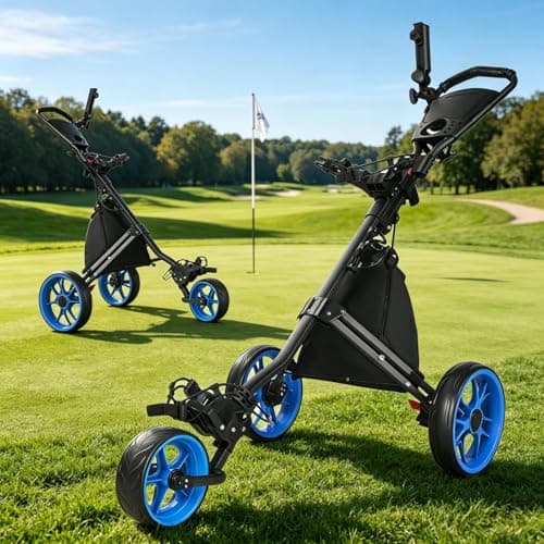 Image of JoyCushy 3 Wheel Golf Trolley Folding Golfs Push Cart with Adjustable Height Handle, Umbrella Shaft Lightweight Deluxe Golf Bag, Blue