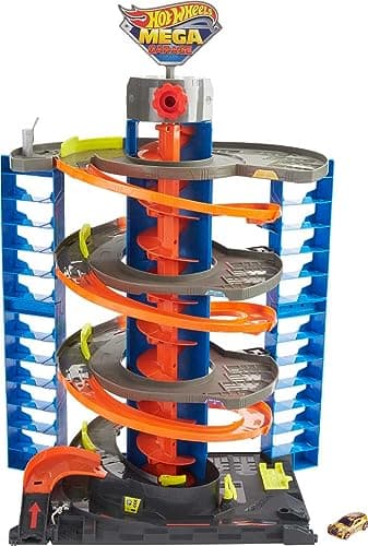 Image of Hot Wheels City Mega Garage Playset with Corkscrew Elevator & Storage for 60+ Cars, Includes 1 Hot Wheels 1:64 Scale Vehicle, Gift for Kids 4 Years Old & Up, HFH03
