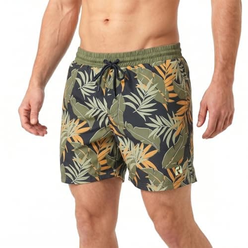 Image of RIPT Men’s Quick Dry Swim Shorts with Mesh Lining Drawstring Waist UV50 Sun Protection Beach & Swimming Trunks (Navy/Green Jungle Print, S)