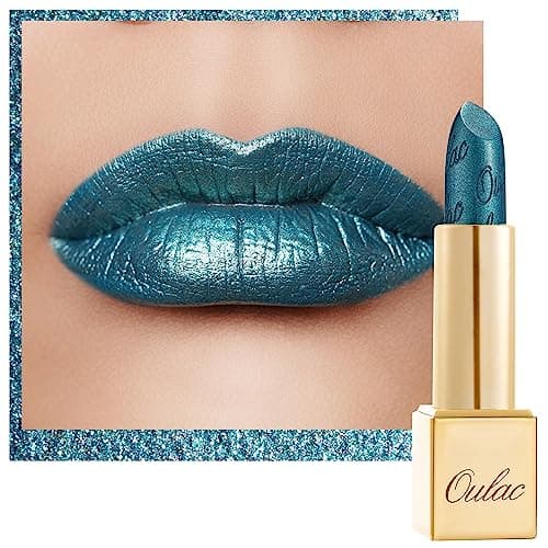 Image of Oulac Christmas Green Metallic Glitter Lipstick, Shine High Impact Lipcolor, Long Lasting Lip Stick, Soft and Ultra Moisture,Vegan & Cruelty-Free, Full-Coverage Lip Color 4.3 g/0.15 Turquoise(20)