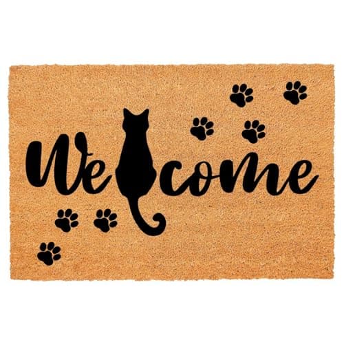 Image of Funny Coir Doormat Welcome Mats with Heavy Duty Front Porch Patio Welcome Mats Entry Natural Coconut Brown Mat Novelty Gift Doormat 23.7 x 15.7 inch (Welcome Sitting Cute Black Cat)