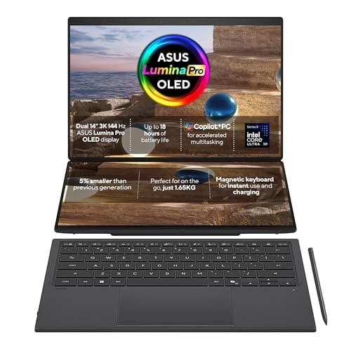 Image of ASUS Zenbook DUO UX8407AA CoPilot+ Laptop | 14.0" 3K 144Hz OLED Dual-Touchscreen | Intel Core Ultra X9 388H | 32GB RAM | 1TB PCIe SSD | Windows 11 | Ships without power cable