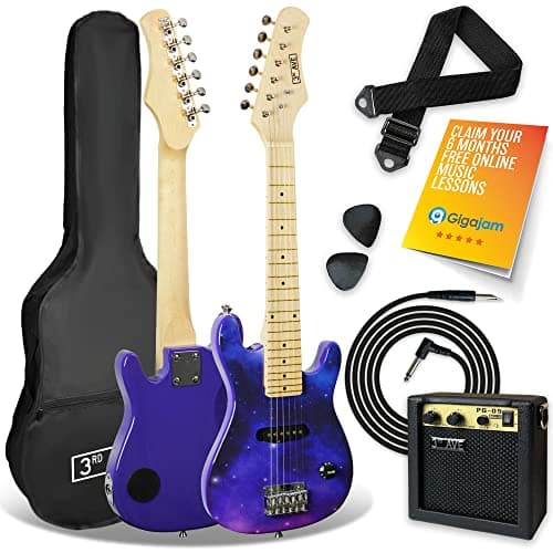 Image of 3rd Avenue 1/4 Size Kids Electric Guitar Pack for Junior Beginners - 6 Months FREE Lessons, 5W Portable Amp, Cable, Bag, Picks and Strap - Purple Galaxy