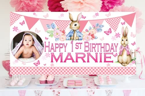 Image of PERSONALISED Pink Rabbit Birthday Banner with photo Backdrop Poster Large 4ftx2ft Birthday Party Decorations Any Name boys girls 1st 2nd 3rd 4th 5th 6th 7th 8th 9th 10th 11th Sign
