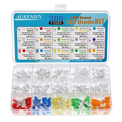 Image of AUKENIEN 15 Colors 300pcs 5MM LED Diodes Light Emitting Diode Assortment Kit Red Blue Yellow Green Warm White orange Pink Purple Chartreuse Round Clear LED Lighting Bulb Lamp for Electronics