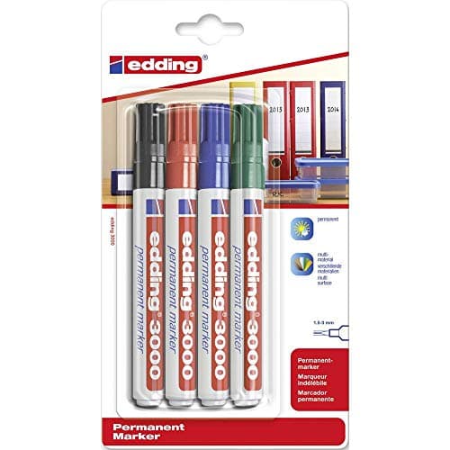Image of edding 3000 permanent marker - black, red, blue, green - 4 marker pens - round tip 1.5-3 mm - quick-drying permanent markers - waterproof,smudge-proof - for cardboard, plastic, wood, metal, fabric