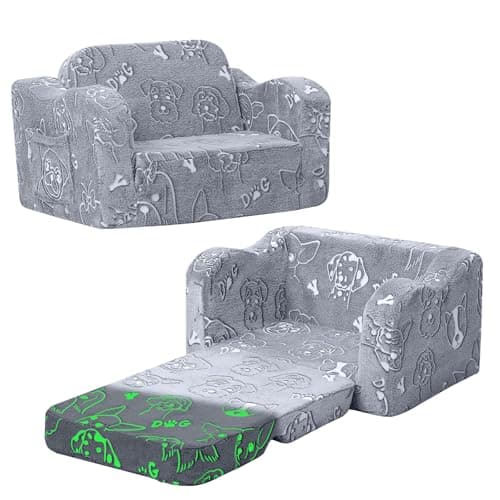Image of MeMoreCool Kids Sofa, Toddler Fold Out Chair for Girls Boys, Glow in The Dark Comfy Folding Baby Couch Convertible to Lounge, Kids Soft Plush Recliner for Childrens Playroom, Glowing Dogs
