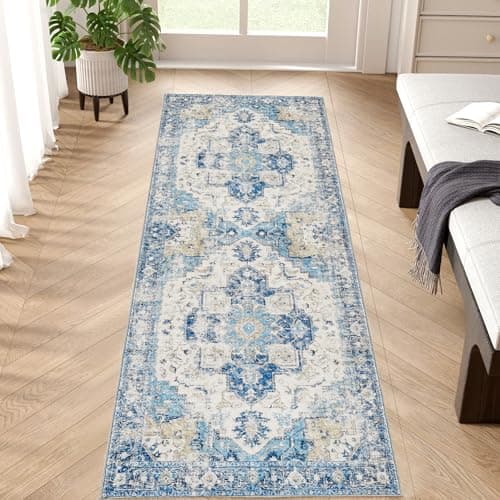 Image of TOPICK Runner Rug 60x180cm Hallway Runner Entrance Washable Soft Vintage Blue Rug Thin Non Slip Carpet for Kitchen Bathroom Bedroom