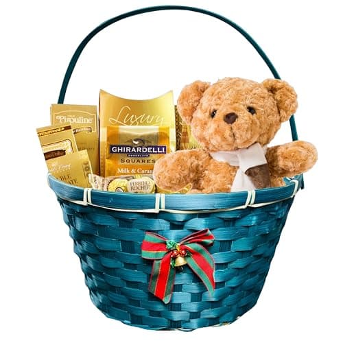 Image of ADEPTNA Hand Woven Wicker Christmas Basket with long handle – 30cm Festive Striped Bamboo Hampers with Handles, Decorative Bow, Holly & Bell – Natural Storage & Gift Hampers for Xmas (GREEN)