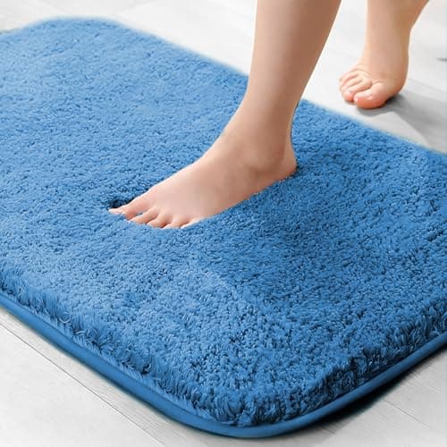 Image of wyewye Microfibre Bath Mat, 2cm Super Thick, Super Absorbent Bathroom Rug 40x60cm, Blue