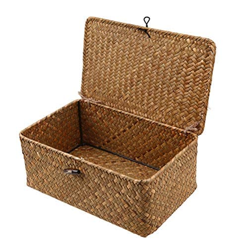 Image of Wicker Storage Basket Woven Rattan Storage Box With Lids Seagrass Laundry Baskets Makeup Organizer For Bathroom, Living Room, Kitchen (S)