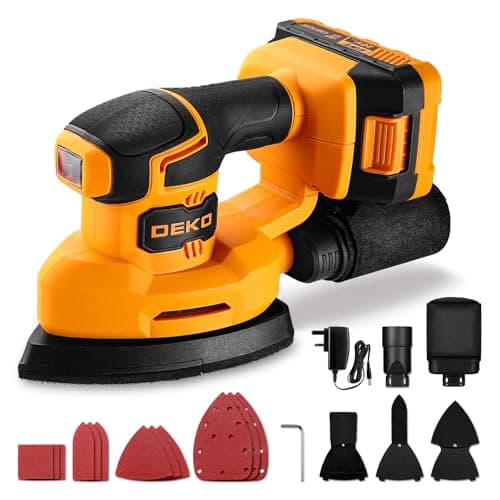 Image of Cordless Mouse Sander for Wood: DEKOPRO 20V Detail Sander with Dust Collector and 2.0Ah Battery 13000 RPM, 3 Attachments 12PCS Sandpapers - Compact & Ideal for Tight Space Sanding Yellow-Black