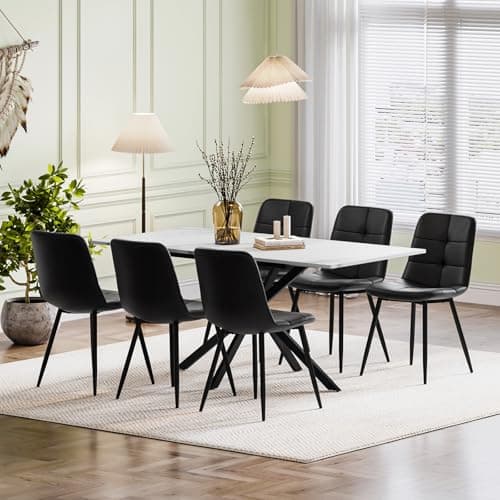 Image of Luxstein Extendable Dining Table and Chairs Set 6, 120-160cm Marble Effect Table with 6 Black Upholstered PU Leather Chairs for Dining Room, Kitchen