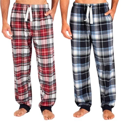 Image of Style It Up 2 Pack Mens Lounge Pants Pyjama Pj Bottom Tartan Check Plain Nightwear Soft warm Fleece Cuffed pants with pockets and pull cords (Black/Red, Black/White, Large)