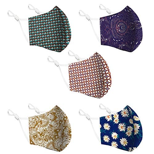 Image of Cotton Face Mask 5 Pack | Handmade in UK Washable Reusable with Nose Wire | Filter Pocket | Adjustable Ear Loops | 3 Layers Cloth Face Masks for Women Men