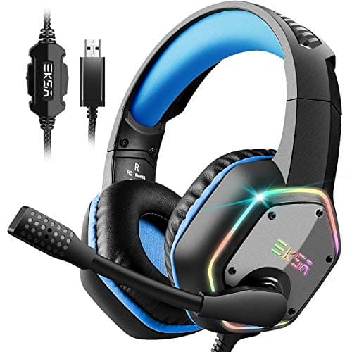 Image of EKSA E1000 USB Gaming Headset for PC - Computer Headphones with Microphone/Mic Noise Cancelling, 7.1 Surround Sound Wired Headset & RGB Light - Gaming Headphones for PS4/PS5 Console Laptop (Blue)