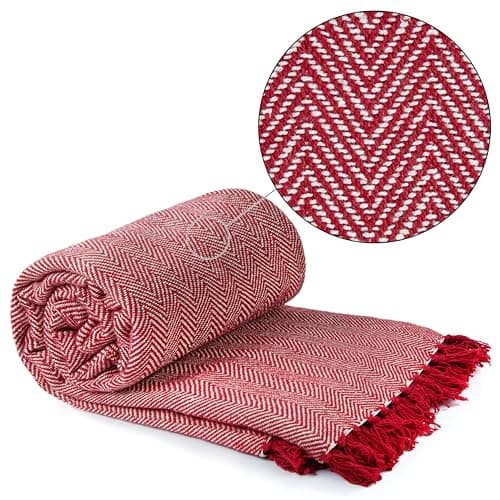 Image of Emma Barclay Herringbone - Recycled Cotton Patterned Chair Sofa Setee Bed Throw Over Blanket in Red - 90x100 (228x254cm)