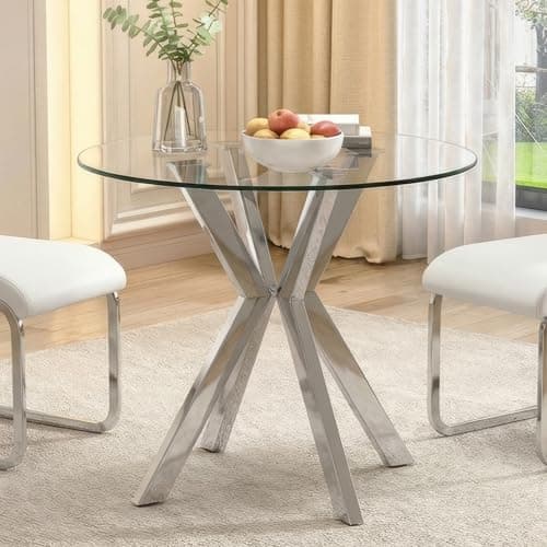 Image of IMHKAM Round Dining Table, 80cm Glass Table with Metal Frame, Circle Kitchen Dinner Table for Dining Room Restaurant Living Room