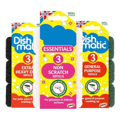 Image of Karrma Ltd. 9 Pack Washing Up Brush Refill Heads, Dish Sponge Refills with Non Scratch, General Purpose & Heavy Duty Scourer Pads, Replacement Kitchen Cleaning Pads for Dishes Pots Pans Cookware